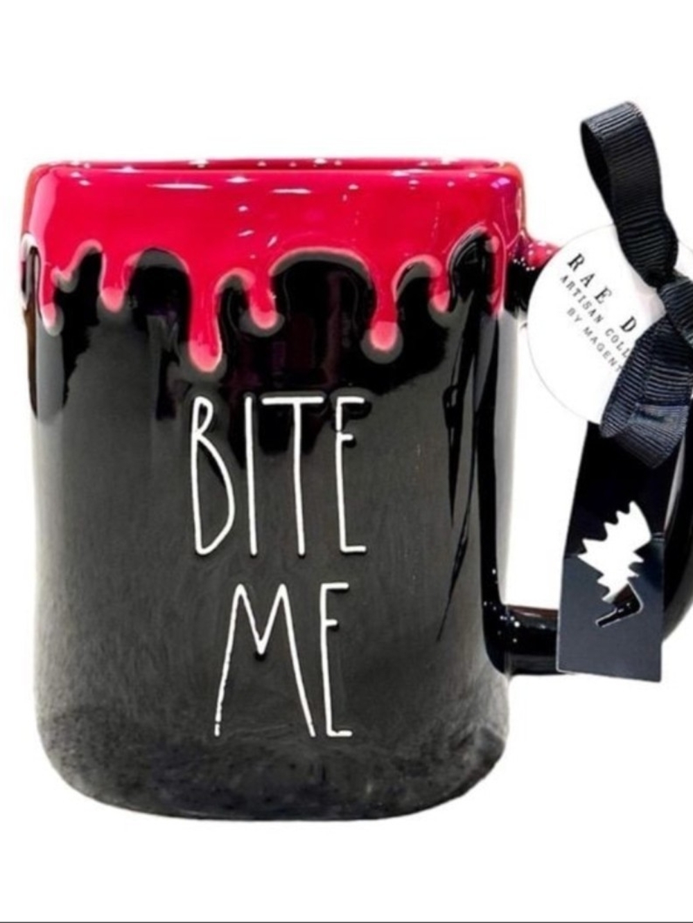 Rae Dunn Black Mug with Red Drip "BITE ME"